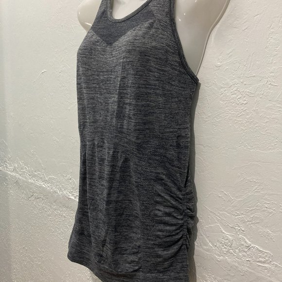 Athleta Finish Fast Racerback Tank Top Heather Gray Ruched sides Logo Athletic M - Picture 5 of 10